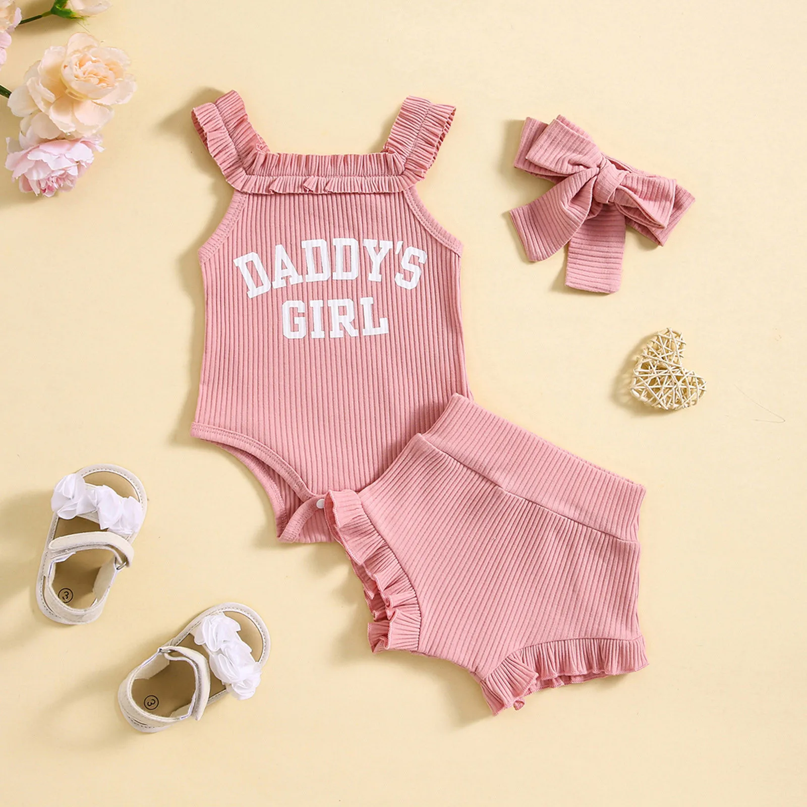 Ribbed Sleeveless Summer Newborn Baby Girls Clothing Sets 3PCS Letter Print Romper PP Shorts Headband Little Baby Clothes 0-18M