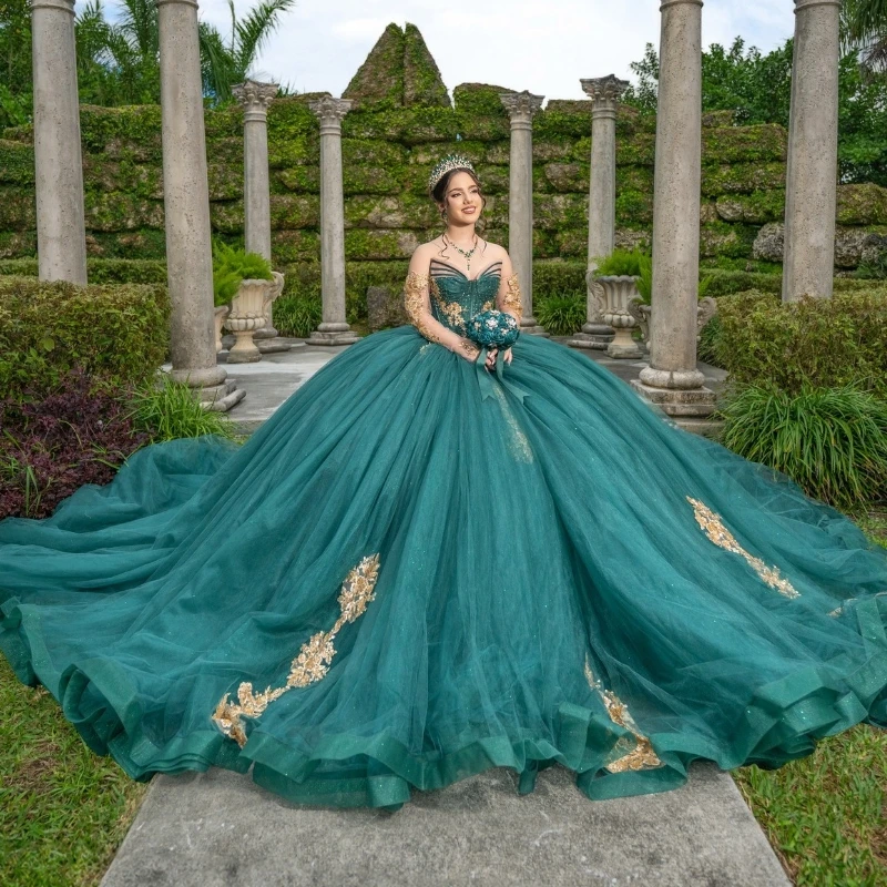 Customized Green Quinceanera Dresses Ball Gown Off The Shoulder Gold Applique Beads Tull Corset Party Birthday Sweet 16 Vestidos