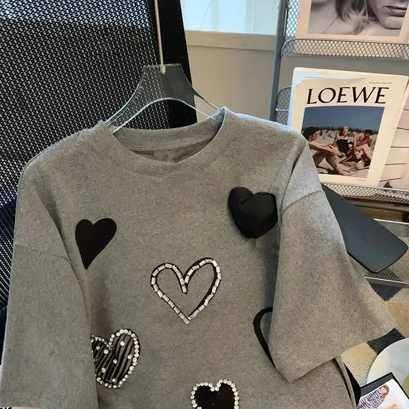 Dames T-shirt met ronde hals, effen kleur, nieuwe zomer, nieuwe mode, jeugd, casual liefde, bedrukte diamanten, mouwloze losse trui, tops