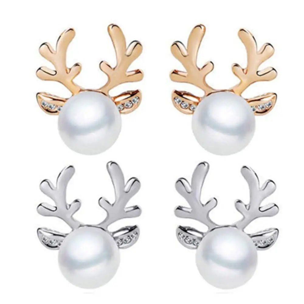 1 Pair Xmas Fashion Christmas Pearl Deer Earrings Reindeer Ear Stud Women Girls' Jewelry Accessories