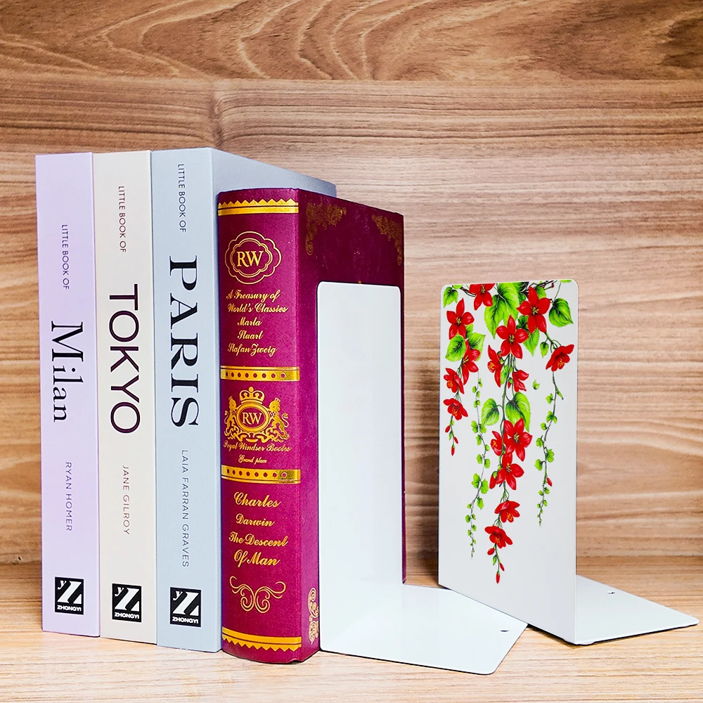 2-piece book holder, metal shelf, white printed decorative shelf, non slip heavy-duty shelf, book, magazine or CD storage box.