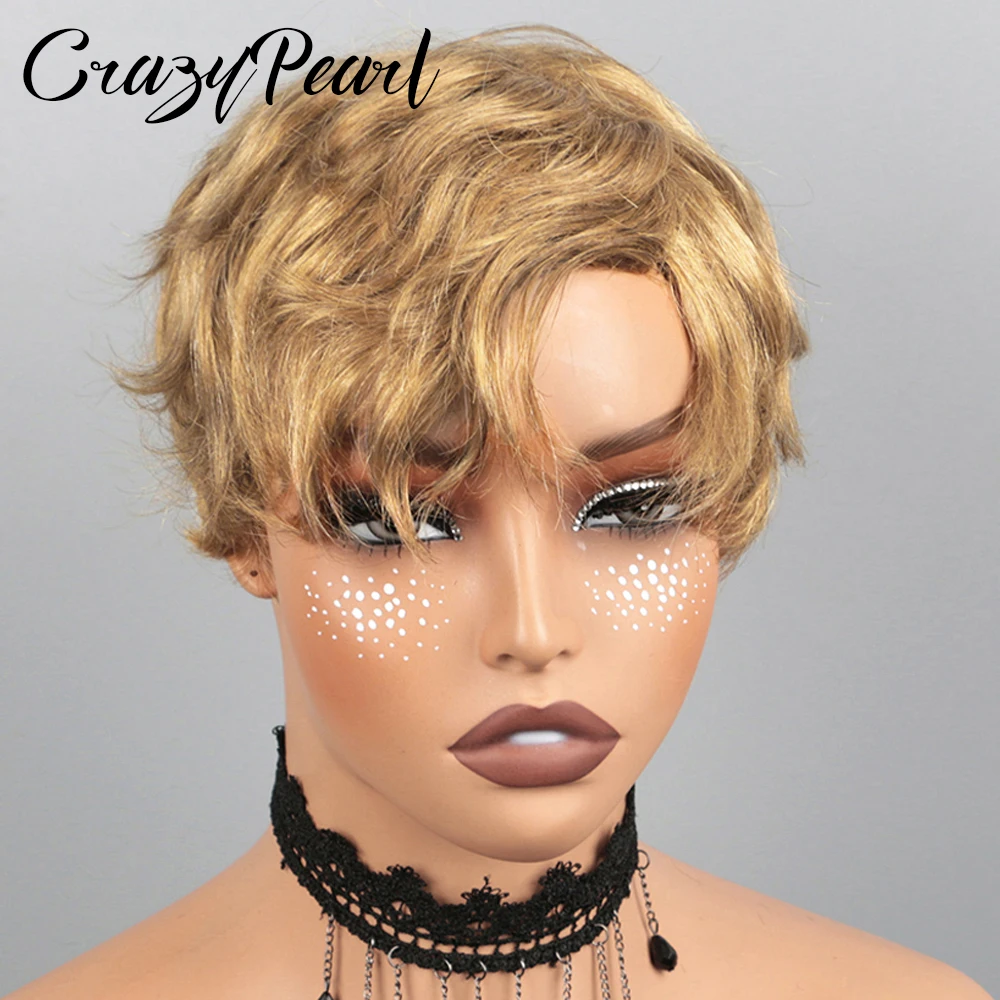 Perruques courtes CrazyPearl en cheveux humains, couleur brun clair, coupe pixie, 100 % cheveux naturels, entièrement fabriquées à la machine, sans colle