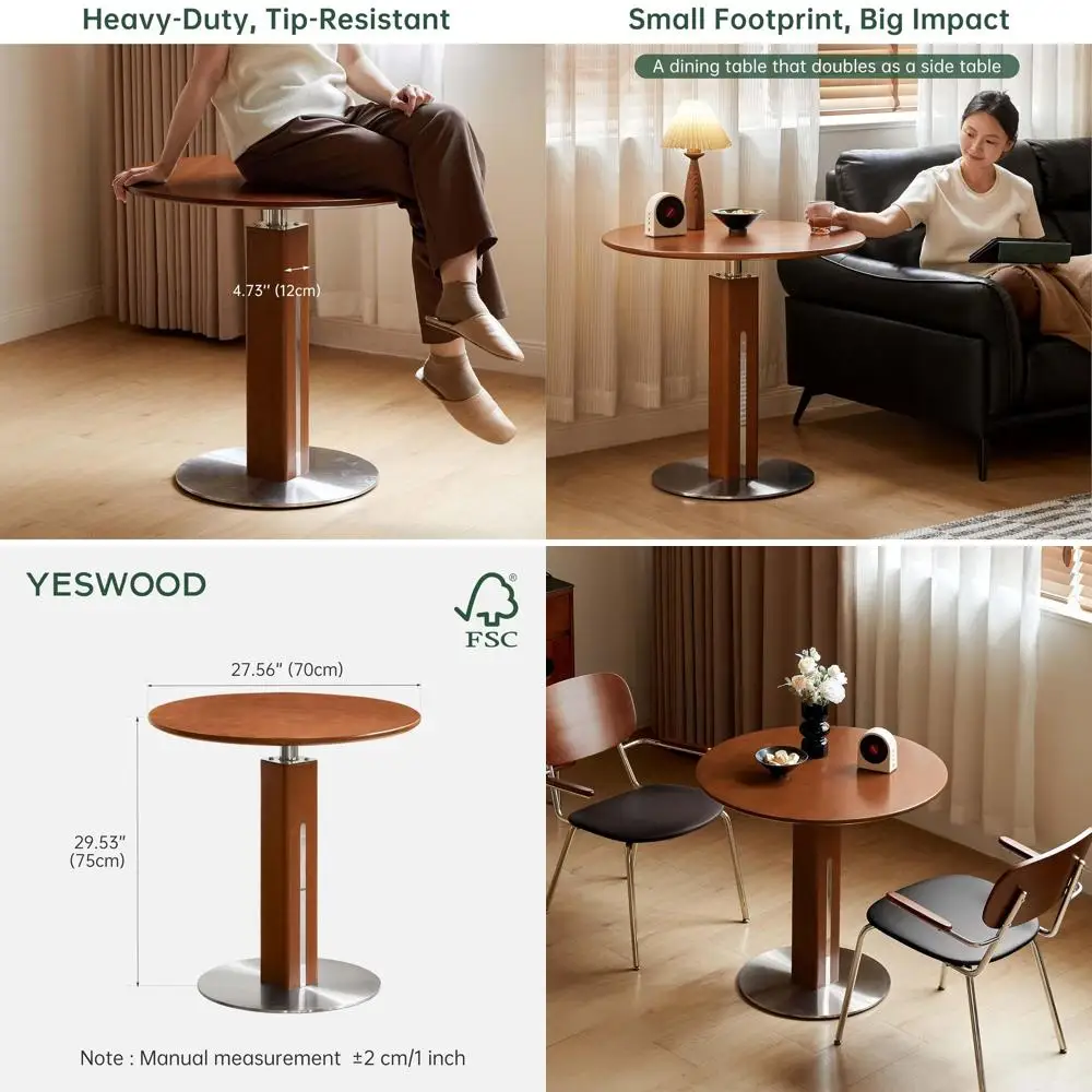 

Compact Solid Wood Round Dining Table with Steel Base, Suitable for 2-3 People, Modern Century Style for Dining and Living Rooms