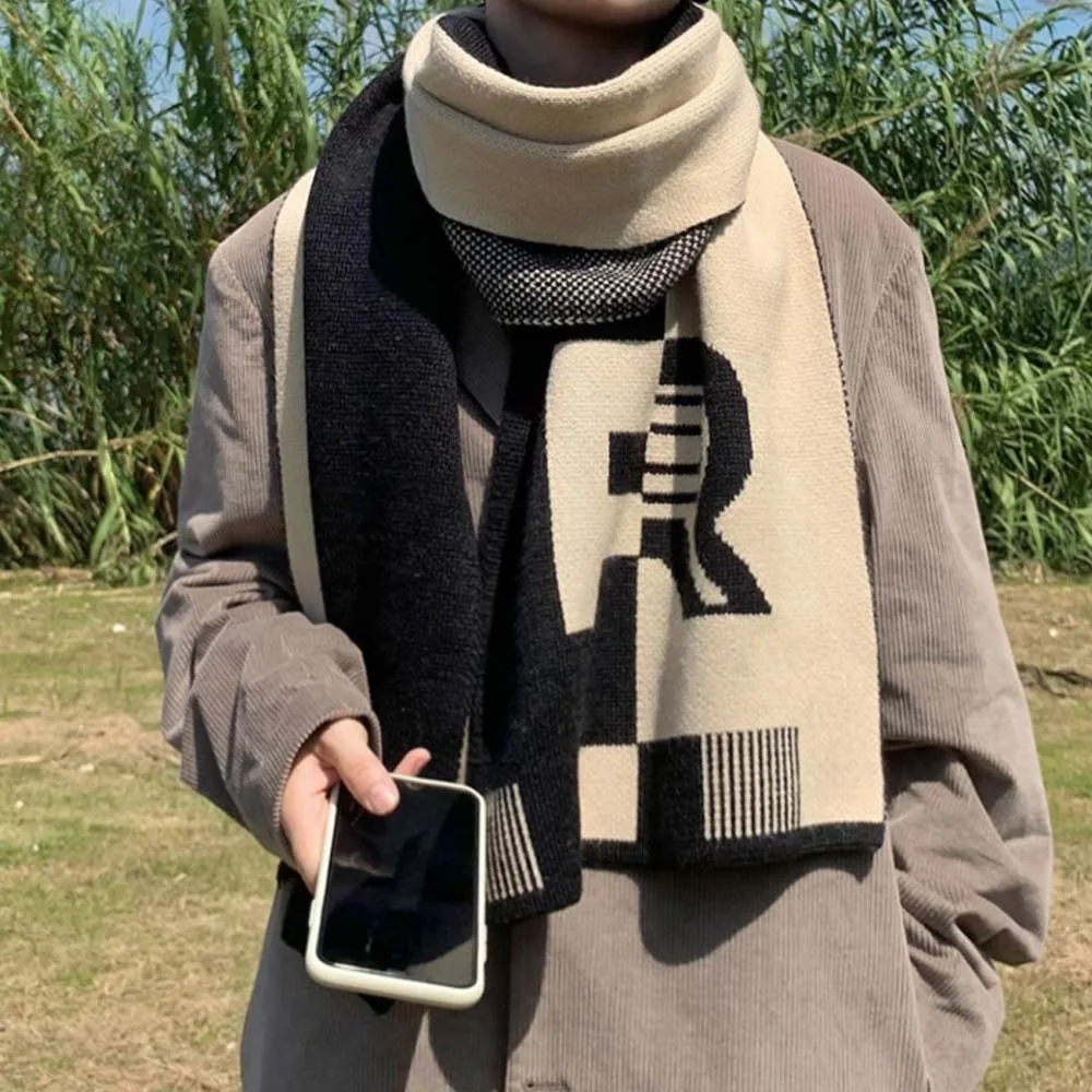 Acrylic Fibres Color Blocked Scarf Warmer Long R-shaped Knitted Scarf Tartans Printed British Style Men Thick Shawl Gifts