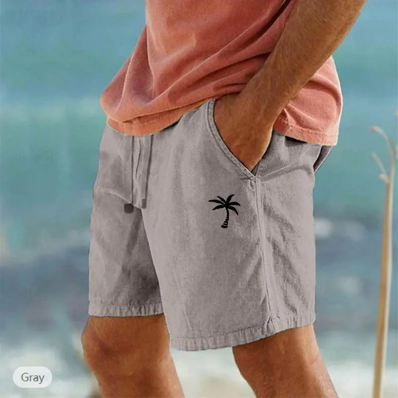 Coconut Printed Pants Linen Shorts Drawstring Elastic Waist Solid Color Breathable Beach Five-point Casual Pants