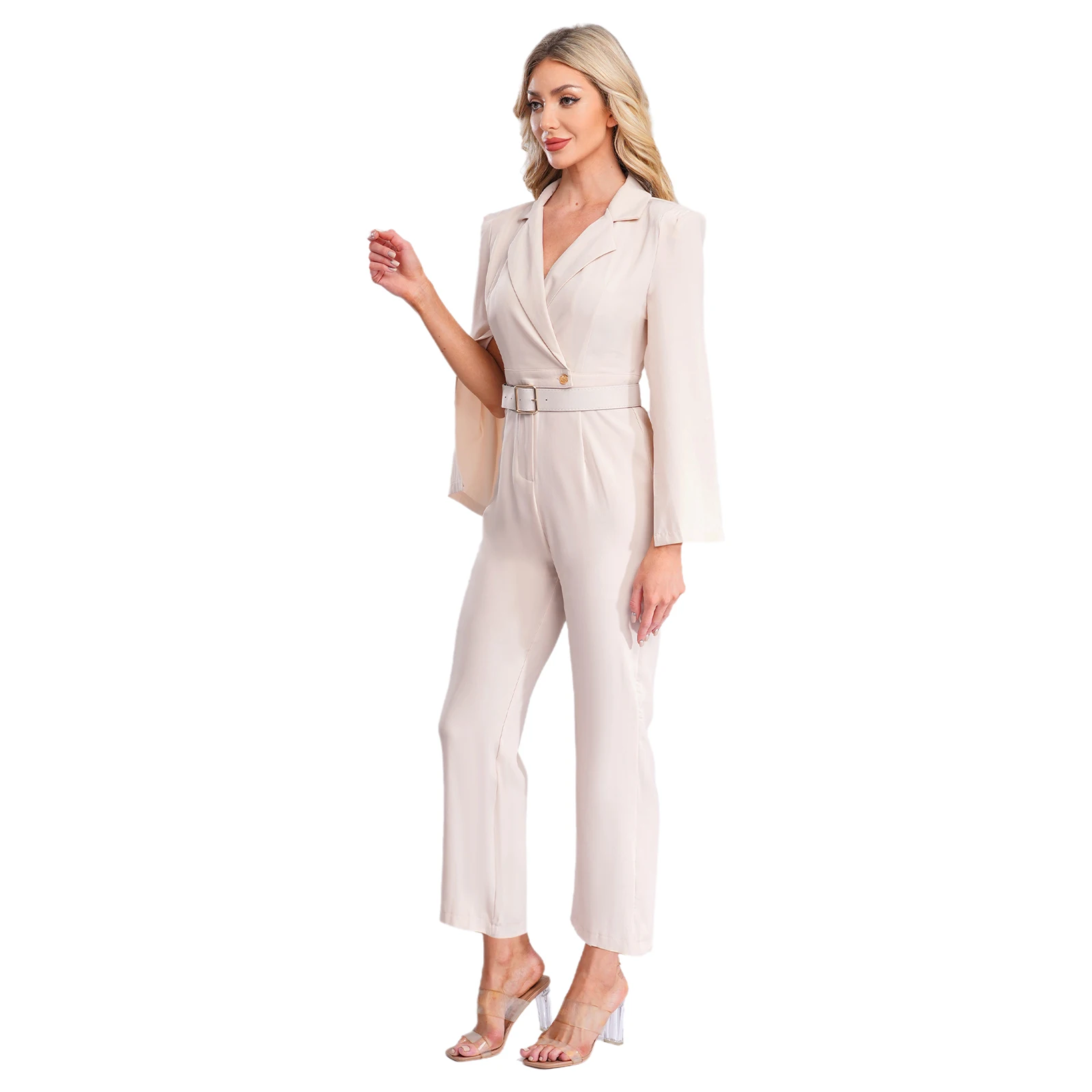 Traje de señora estilo traje de calle mono mamelucos de una pieza solapa de muesca manga larga pantalones rectos sueltos monos elegantes de moda para mujer