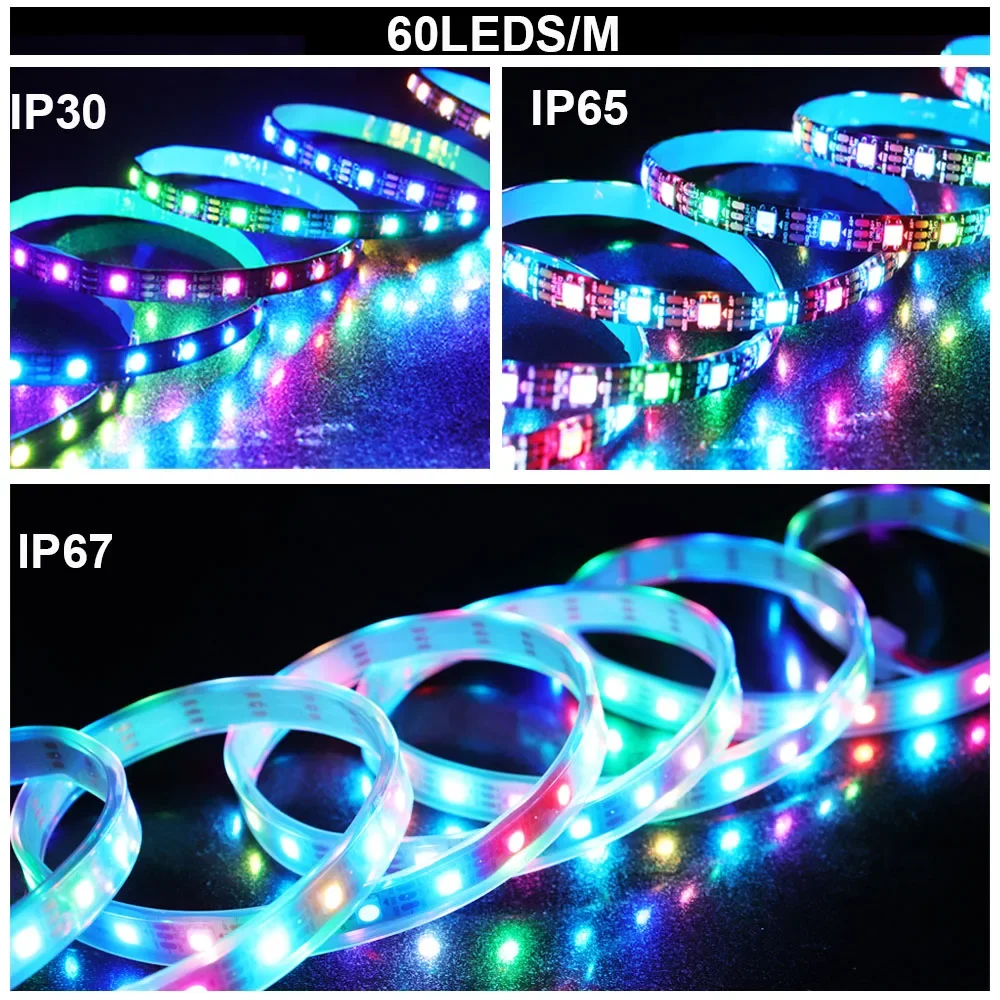 WS2812B setrip LED RGB pintar, lampu LED WS2812 jalur individual 30/60/144LED hitam/putih PCB tahan air IP30/65/67 DC 5V