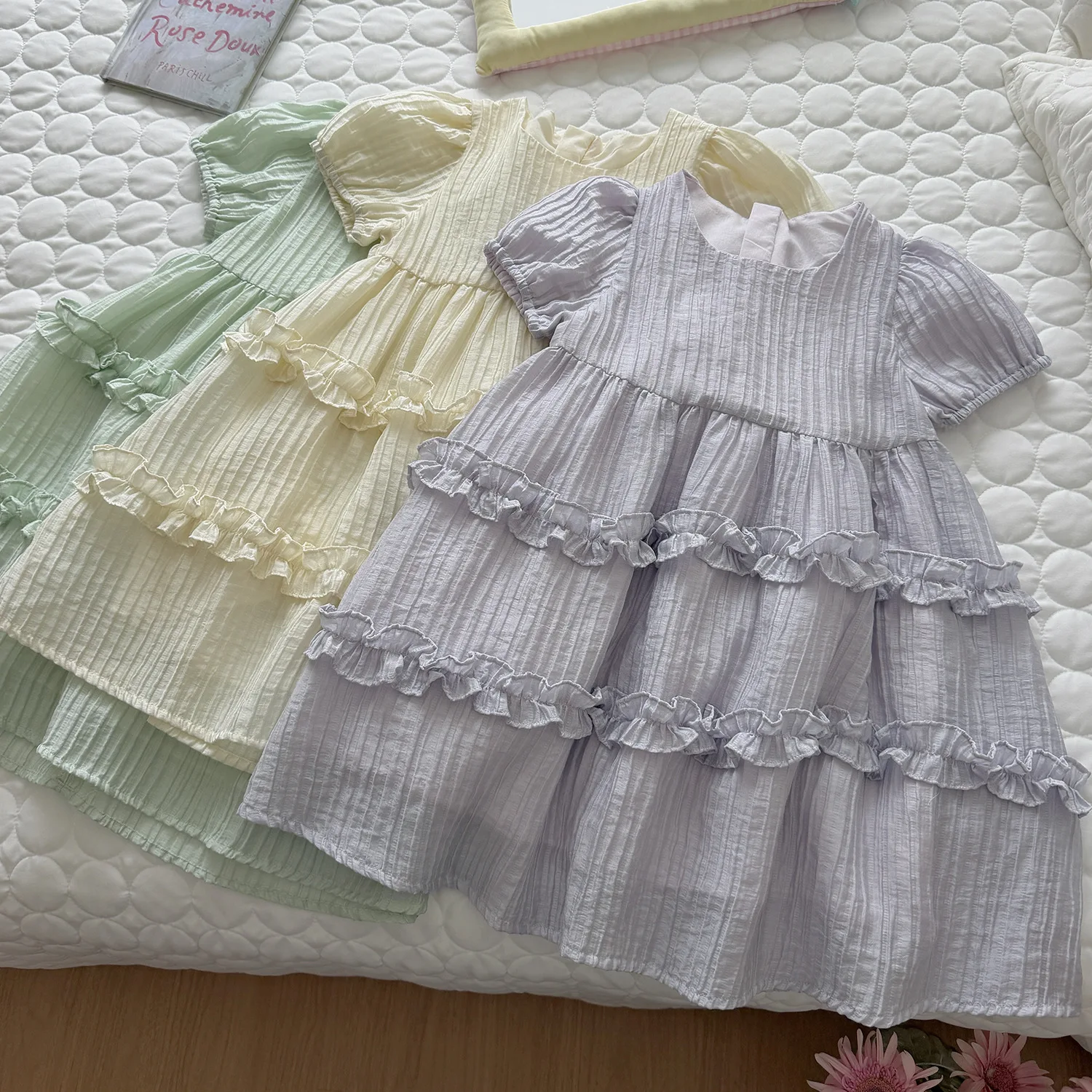 2026 Summer New Girls Princess Dress Breathable Texture Wrinkled Children Puff Sleeve Dress