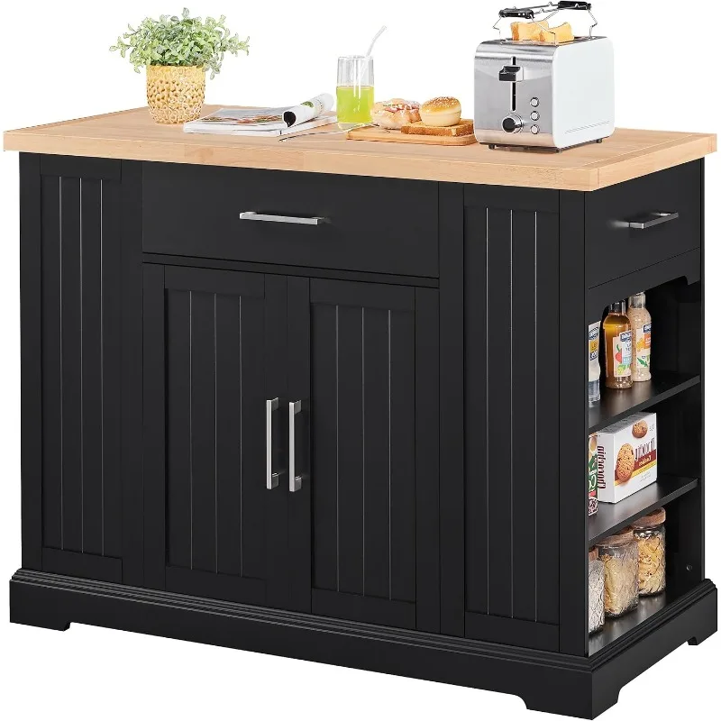 Hidden Wheels, Rolling Kitchen Cart with Thicker Rubberwood Top & 3 Drawers & Open Shelves, Storage Cabinet