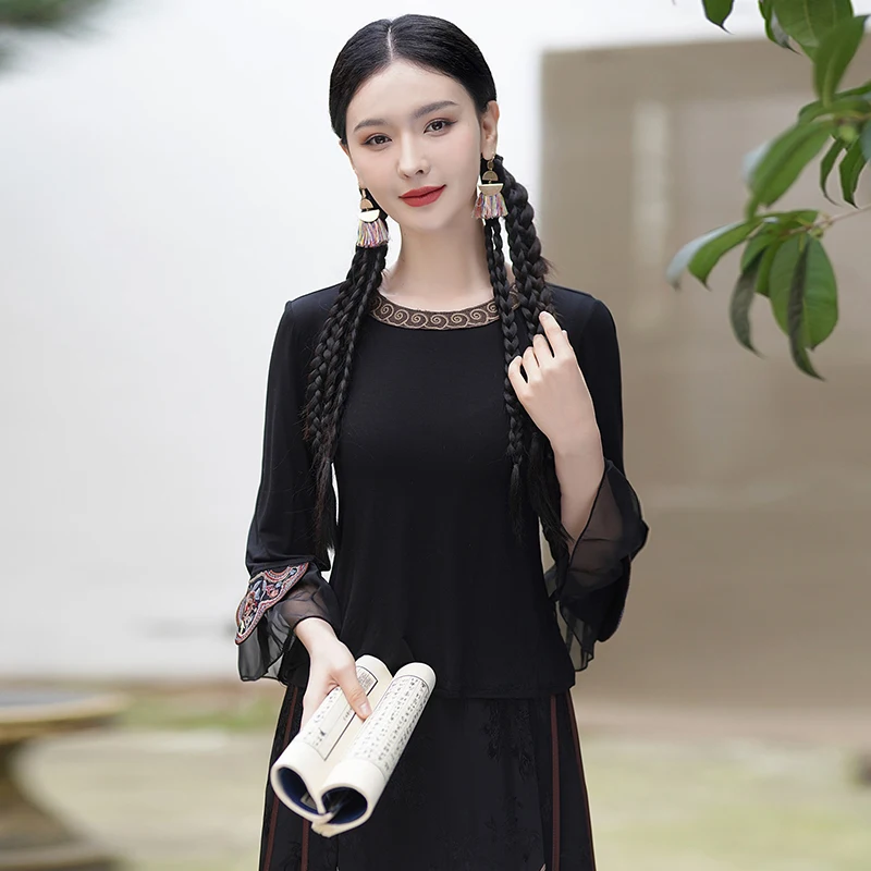 New Chinese Style Embroidered Knitted T-Shirt Versatile Spring Summer Fashionable Base Shirt High Waist A-Line Cotton Dress