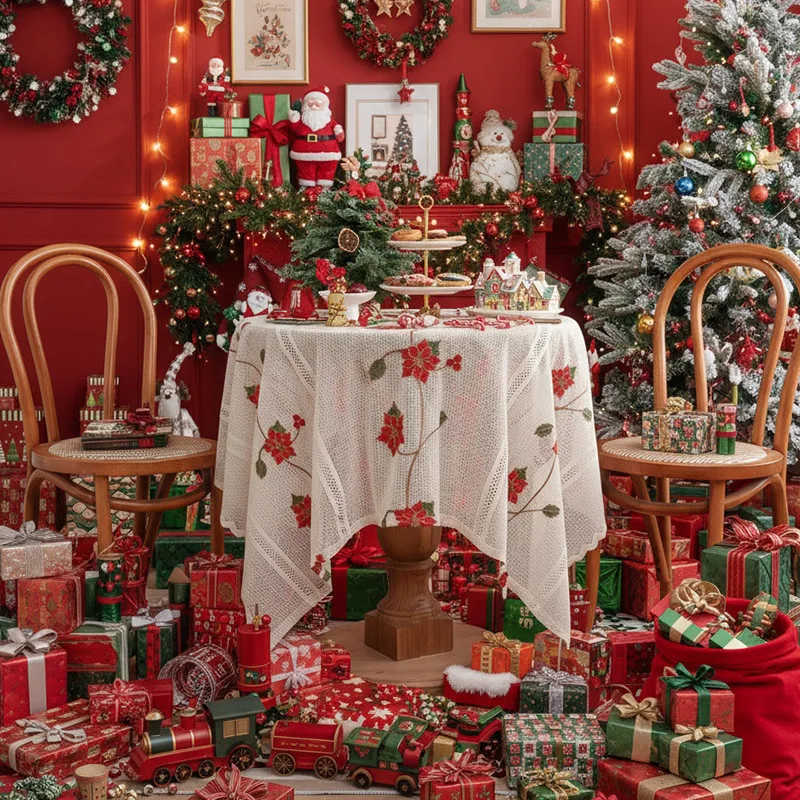 

Christmas Tablecloth,Holiday Table Cloth for Rectangle Tables,Red Flower Embroidery Christmas Decorations for Home Party Kitchen