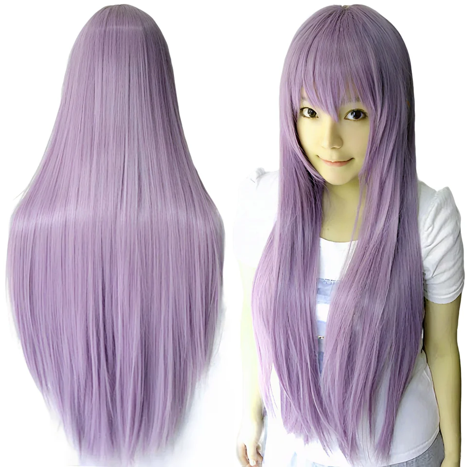 Peluca sintética lacia de 80 cm para cosplay, blanca, púrpura, verde, plateada, rosa, estilo lolita con flequillo, larga 5