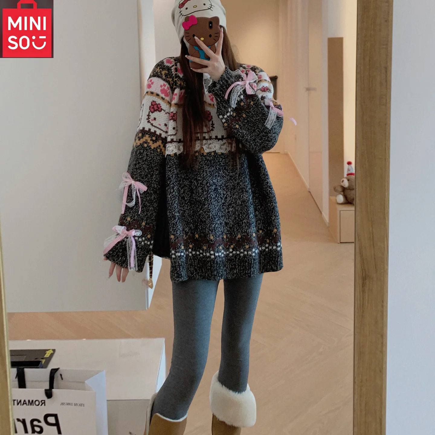 MINISO Hello Kitty pull à capuche brodé femmes nouvelle édition coréenne manteau tricoté en dentelle ample épais
