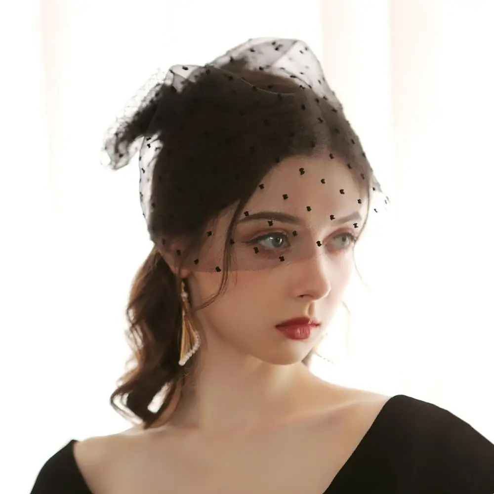 Accesorios para el cabello para novia, velo de cabeza de jaula de tul con lazo, punto negro y blanco, Estilo Vintage, Mini sombrero de novia para boda