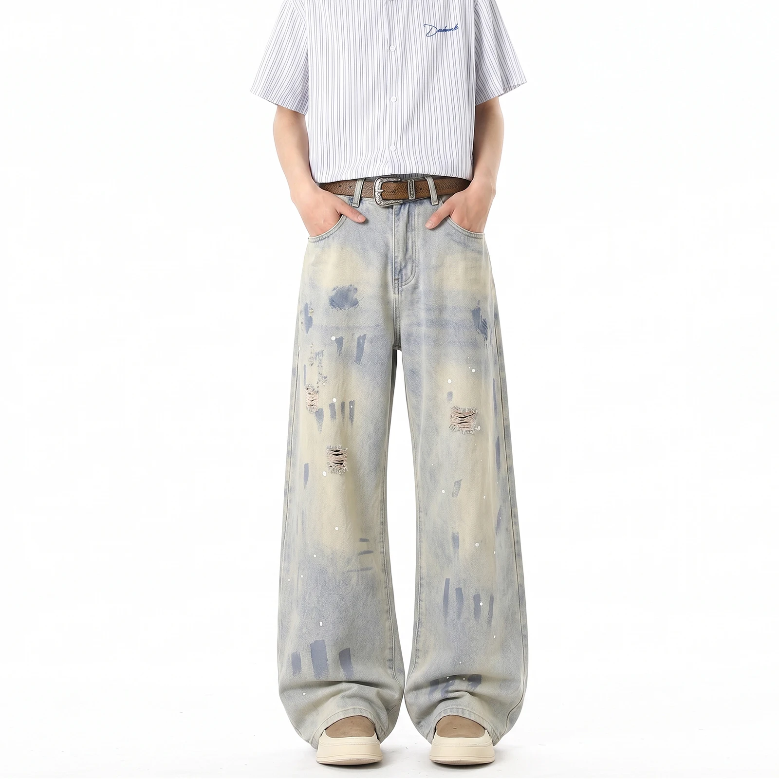 Men's Jeans Man Pants American Splatter Wash Light Blue Casual Straight Loose Fit Comfortable Streetwear Denim Trousers