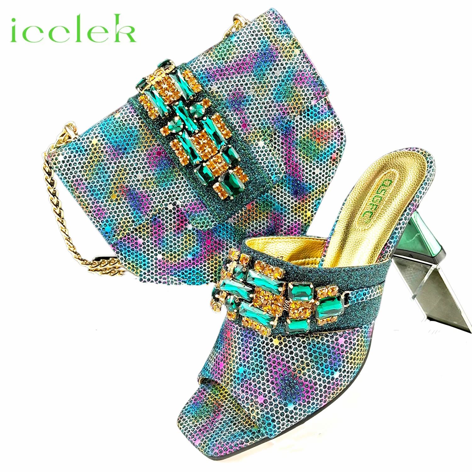 INS 2024 Green Color Elegant Women Heels Shoes and Bag Set Metal Decoration Rhinestones Women High Heels Bigger size shoes