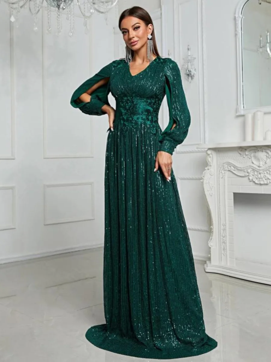 Ele Long Evening Gown Sexy High Waist Wedding Birthday Par Dr Floor Length Skirt iny Sequins ort Sve V Ne