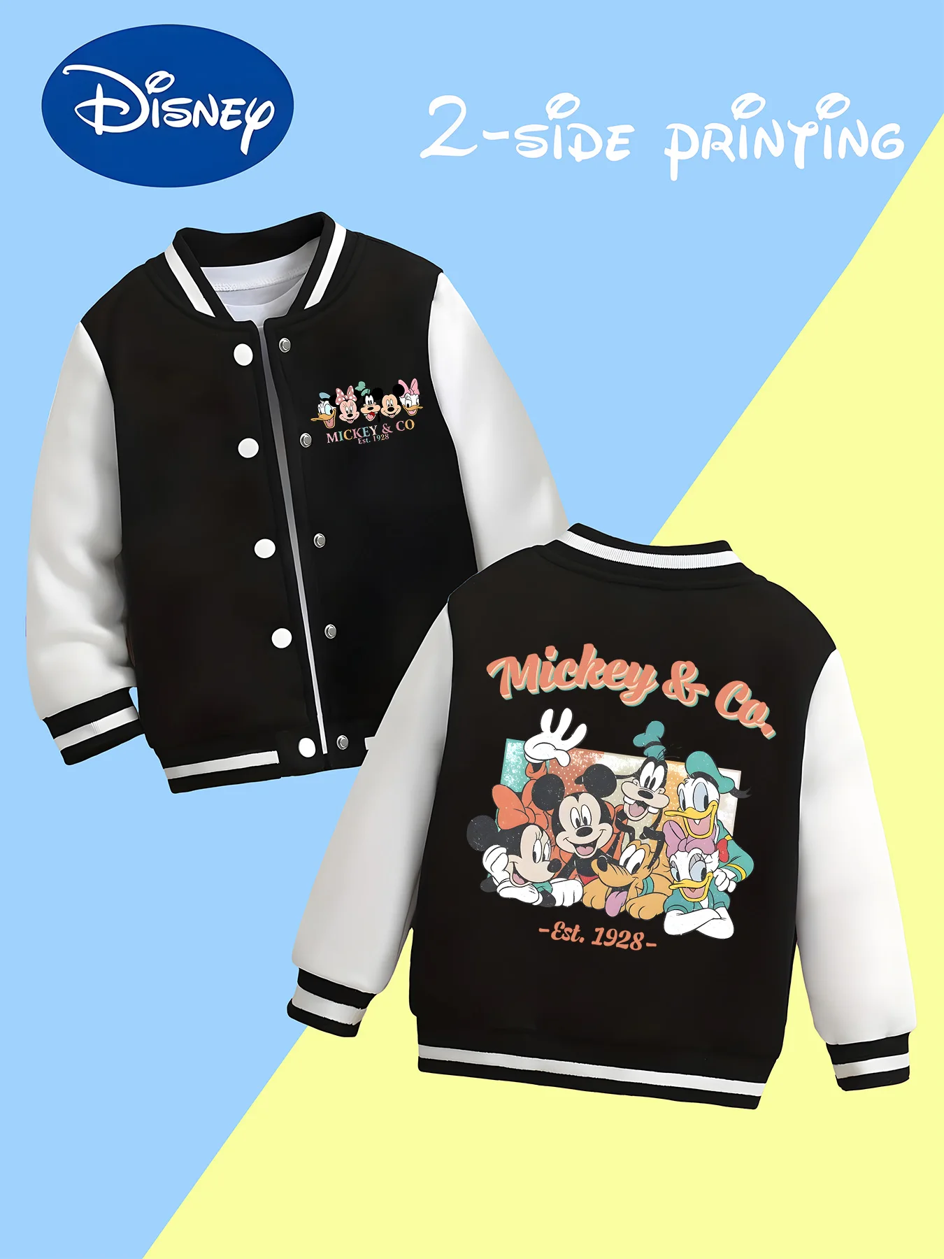 

MINISO Disney Boys Baseball Jacket - Mickey Family Retro Photo Print, Comfortable and Versatile, Perfect for School and Outings
