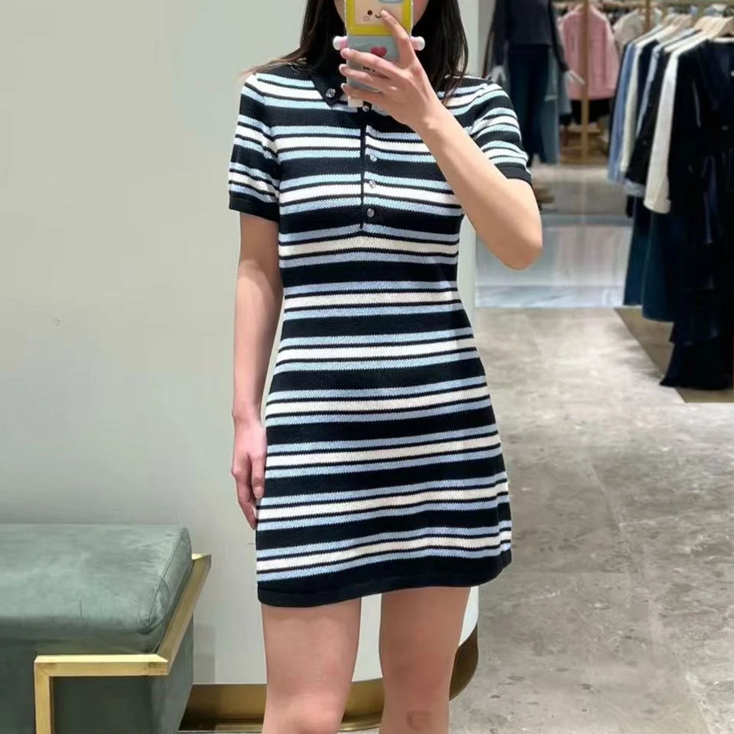 

Women's black striped knitted dress lapel slim short sleeve casual mini dress