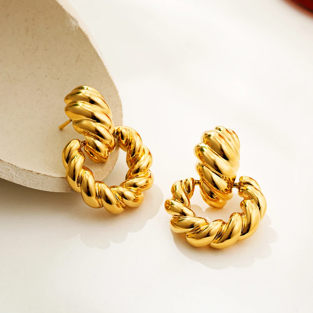 

New Trendy 18K Gold Plated Metal Twisted Round Circles Drop Earrings for Women Minimalist Geometry Stud Earring Hypoallergenic