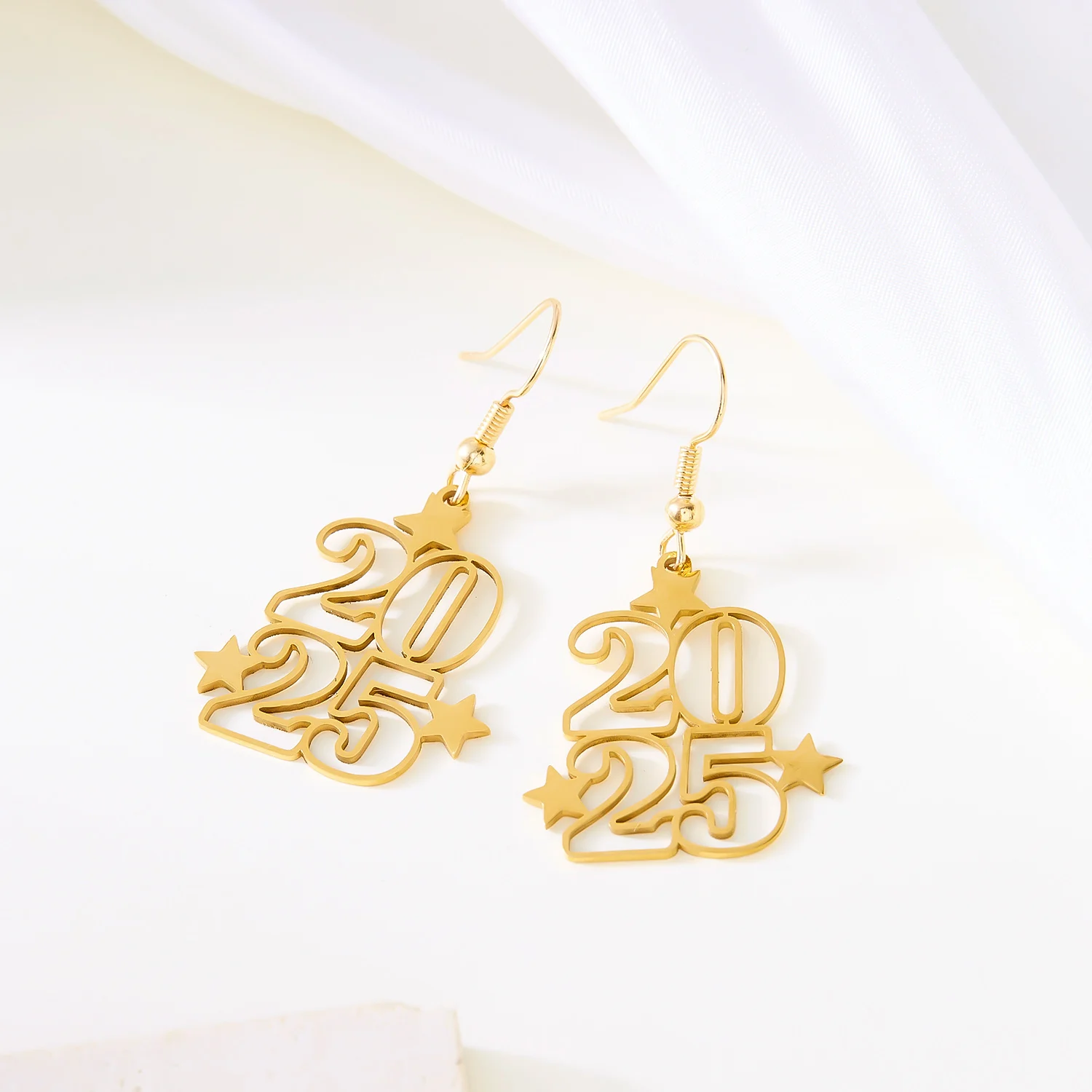 New Creative Stainless Steel 2025 Gold Color Digital Ladies Fashion Jewelry New Year's Earrings Party Accessory