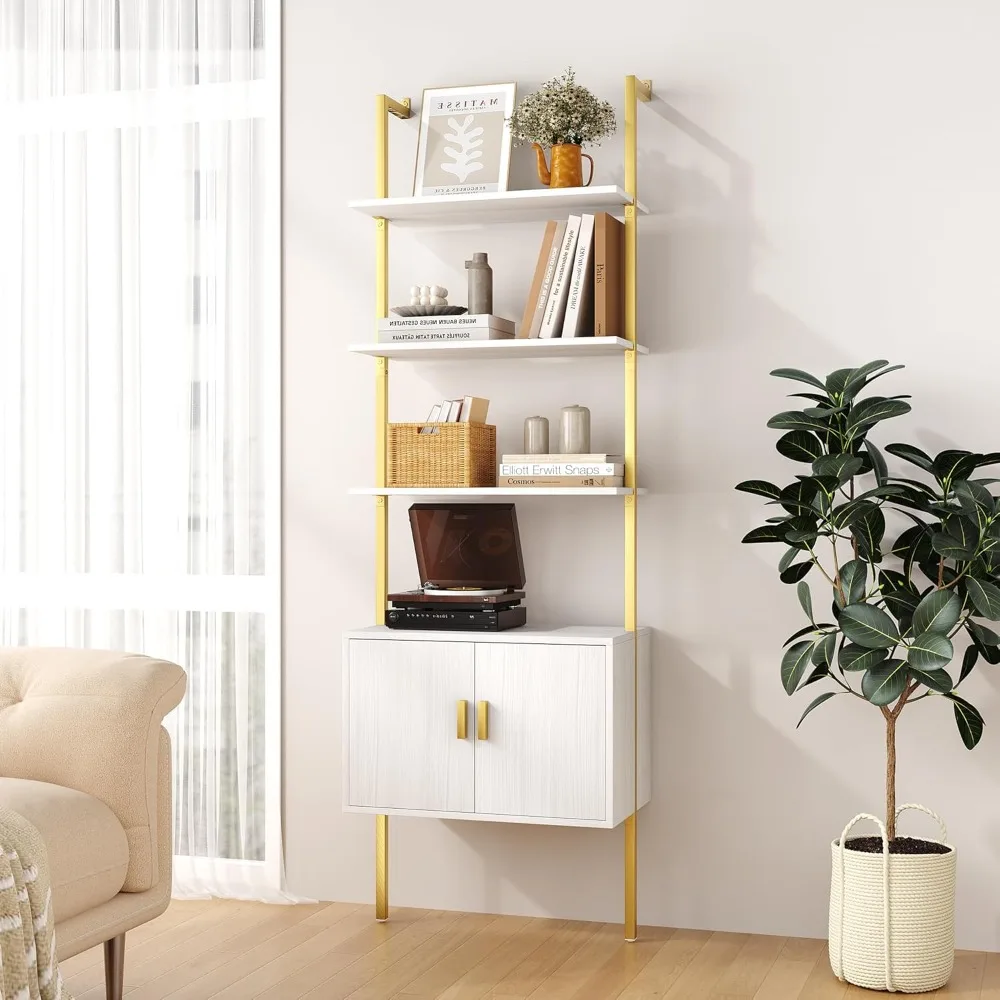 

73" Tall Bookshef with Cabinet, Wall Mounted Industrial Ladder Bookcase with Wood and Metal Frame, 5 Tier Plant Shelf Display S