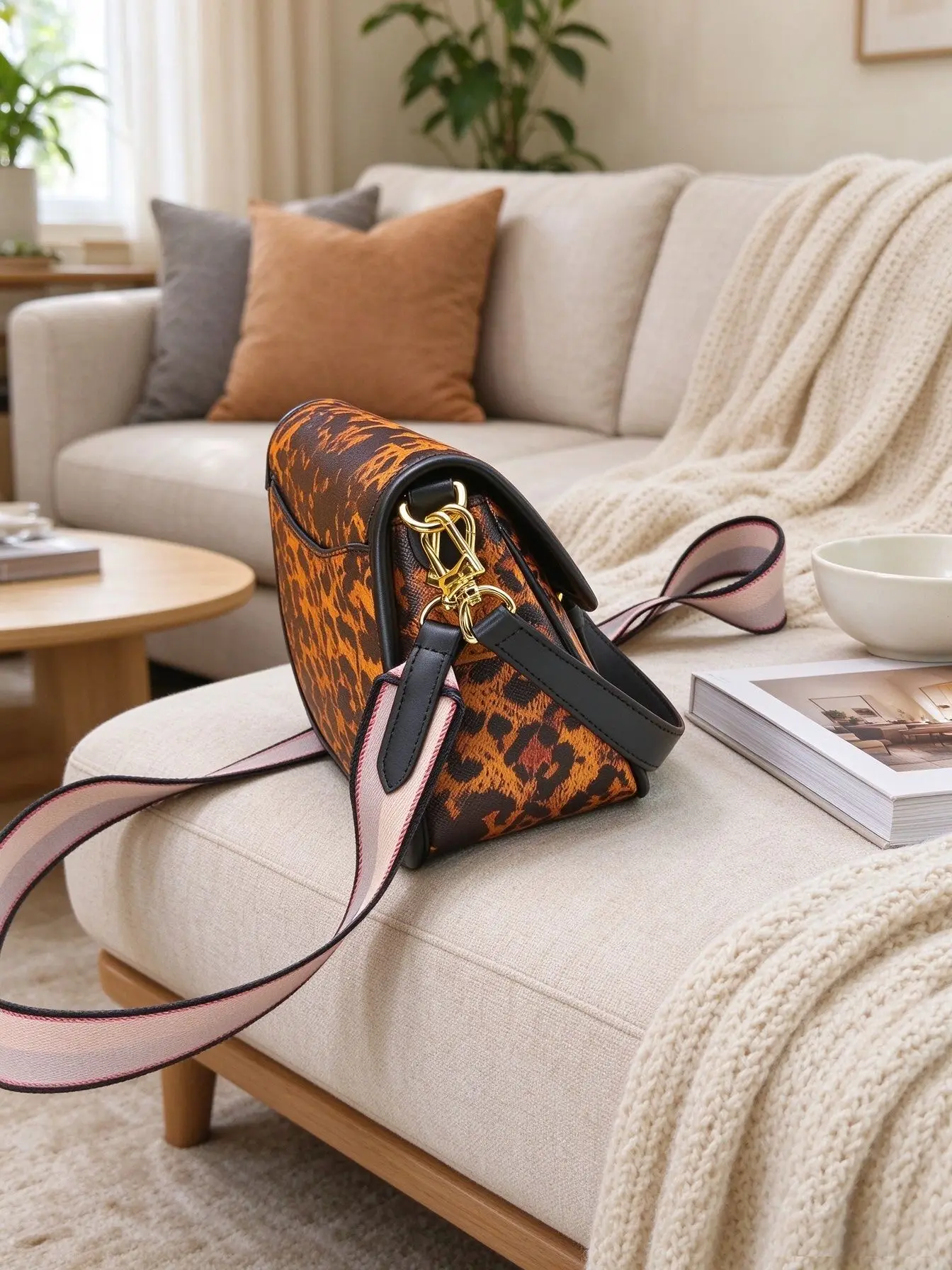 Unisex Leopard Print Saddle Crossbody Bag Faux Leather Splicing Buckle Flap Design Adjustable Shoulder Strap Vintage Messenger Handbag