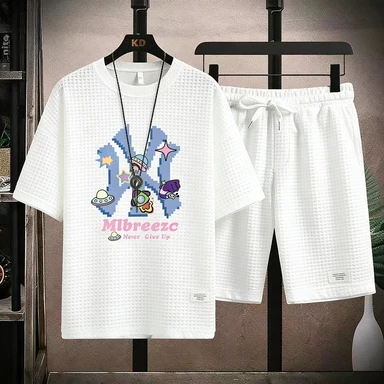 

Kawaii Space Waffle Tracksuit Men UFO & Pixel Graphic T-Shirt And Shorts Set Fashion Outfit 2026
