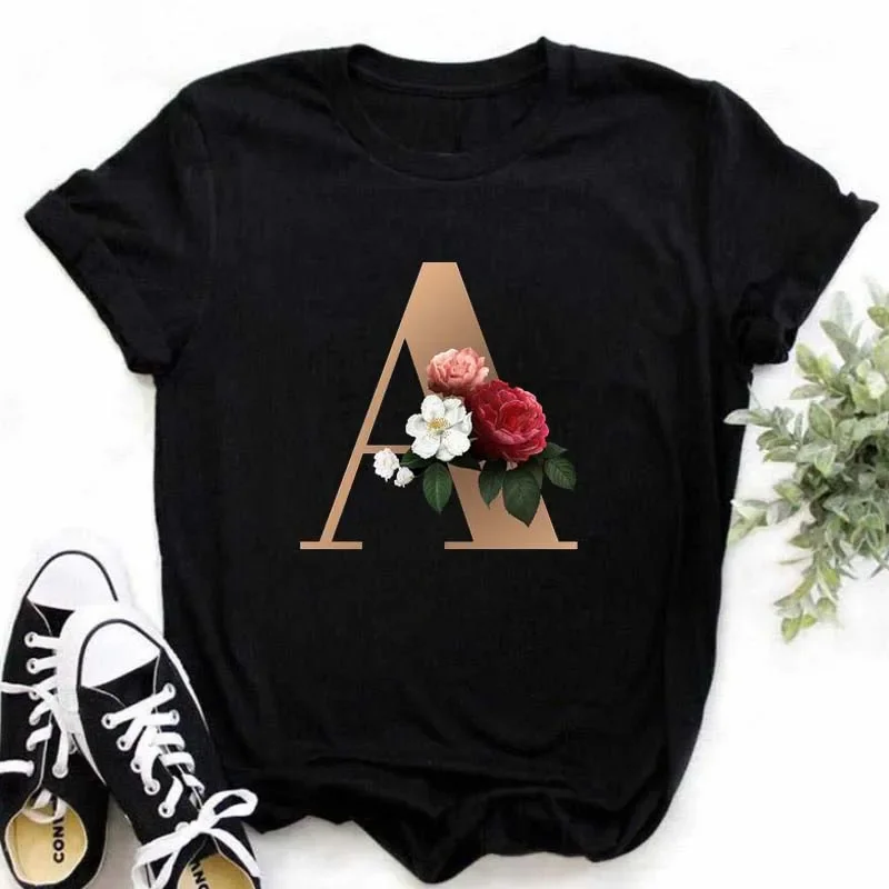 2026 A B C D E English Alphabet Print T Shirt Women New Summer Couples Lovers Female T-Shirt Harajuku Casual Black Tops Tshirts