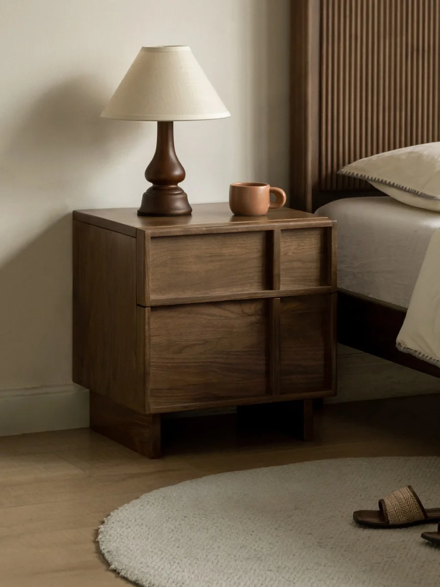 Solid Wood Bedside Table Black Walnut Storage Drawer Cabinet Light Luxury Skeleton Line Bedroom Wall Mounted Storage Cabinet