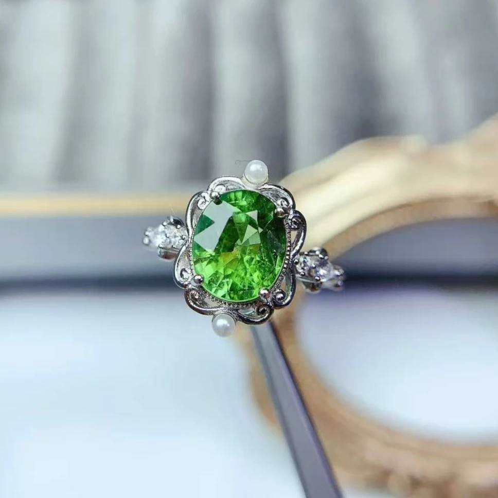 Solid 925 Silver Crystal Ring Natural Peridot Ring with Certificate8mm*10mm Genuine Peridot Jewelry with Certificate