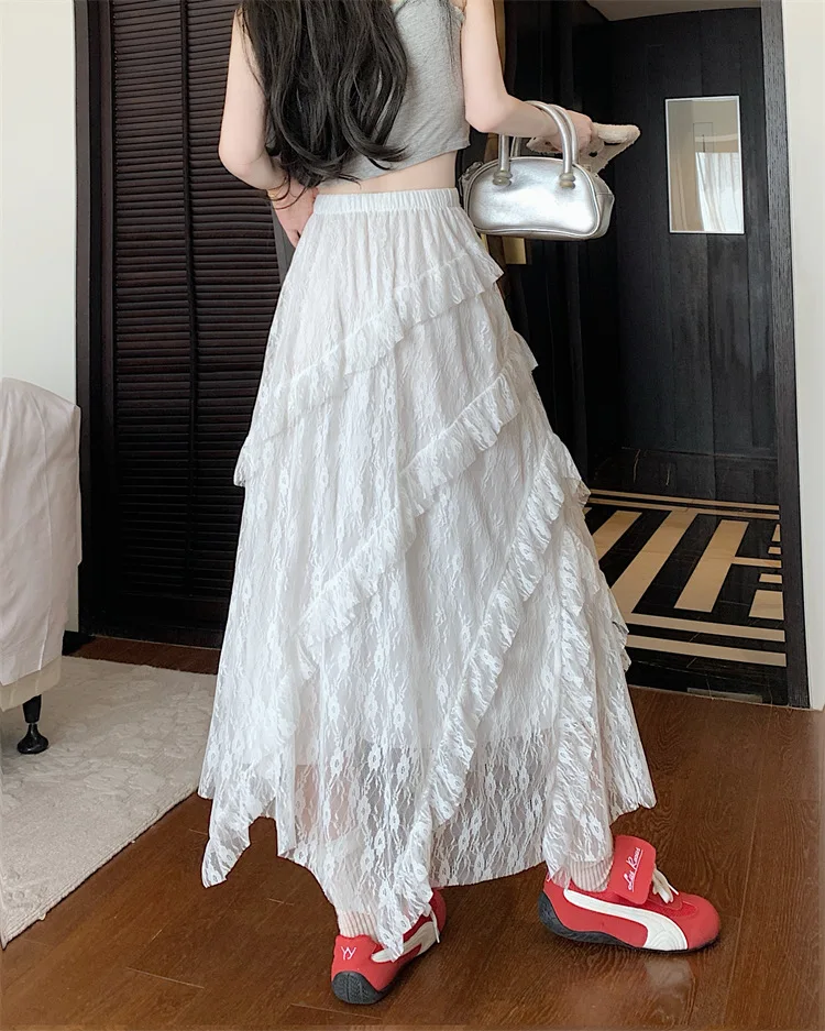 

New Women Summer Lace Ruffles Midi Skirt Vintage Big Large Mesh Plus Sizes Mesh Casual Elegant Party Fashion Loose Maxi Skirts