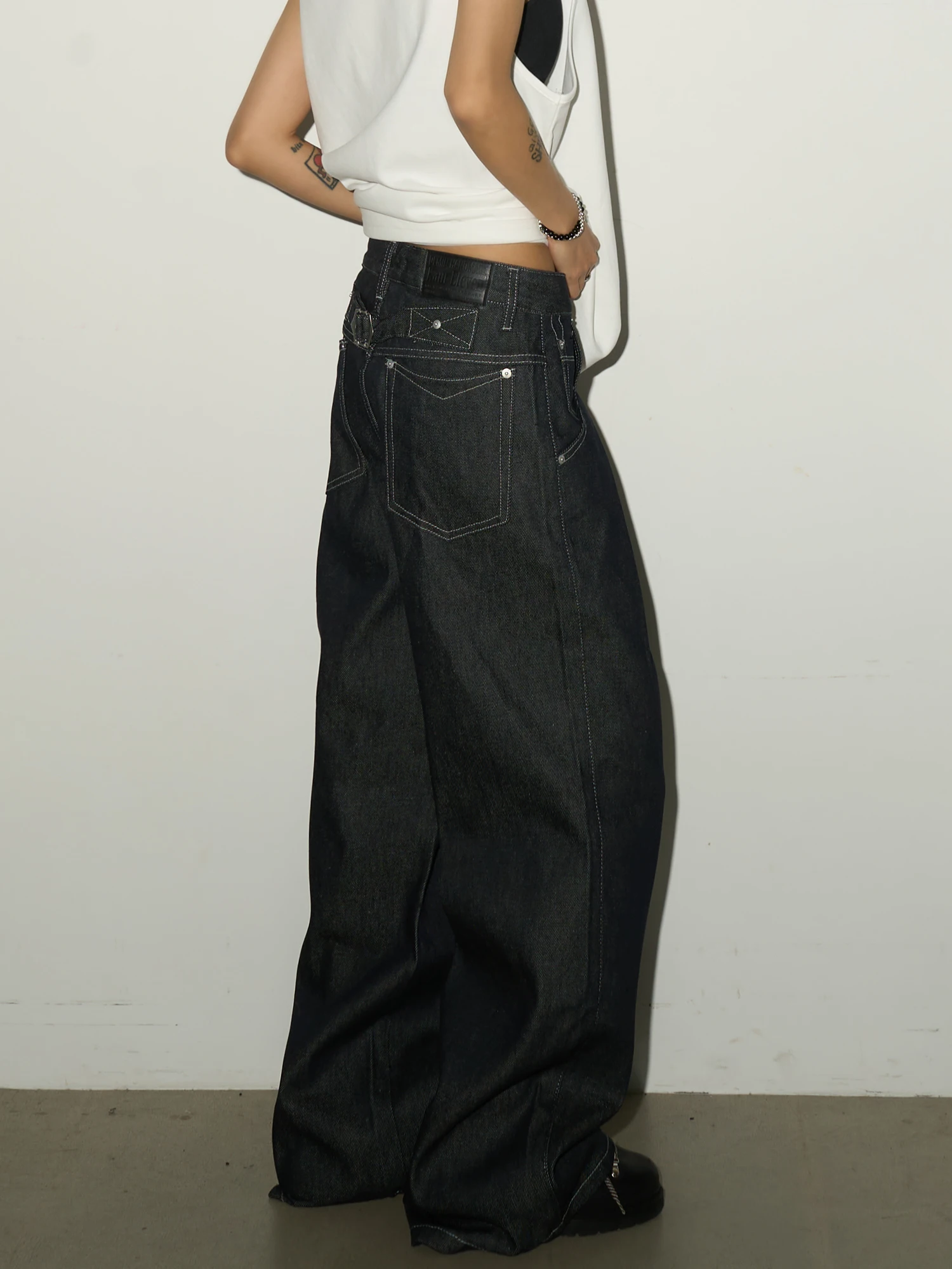 

MICHINNYON Street Sle Wide Leg Jeans Ba Waist Adjusent Bule Retro Rigidi Casual Cotton Denim Pants for Couples