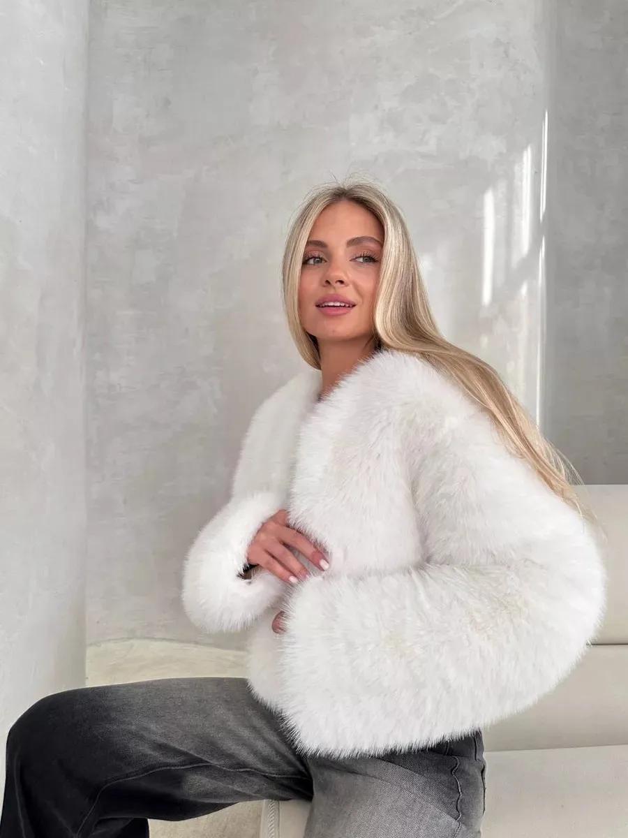 Women Faux Fur Coats Solid Short Jackets Long Sleeve Round Neck Open Stitch Thick Straight Fit Elegant Casual 2026 Autumn Winter