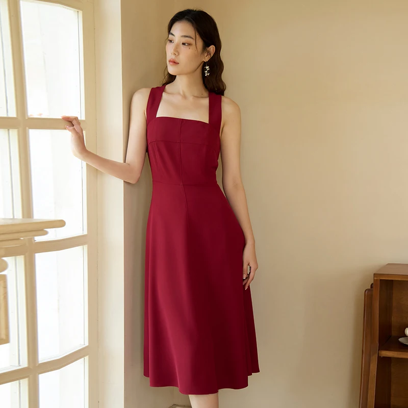 DUSHU French Style Suspender Dress for Women Summer Chic Style Red Square Collar Slim Mid-length Elegant Dress Female 24DS82114