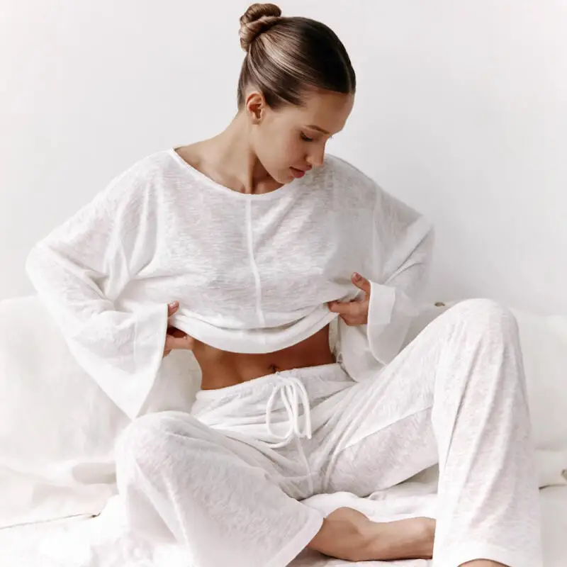 Women White Knit Nightwear Long Sleeves Tops Pants Suit Autumn New Sexy Home Wear Pajamas Comfy Casual Home Clothes Sleepwear