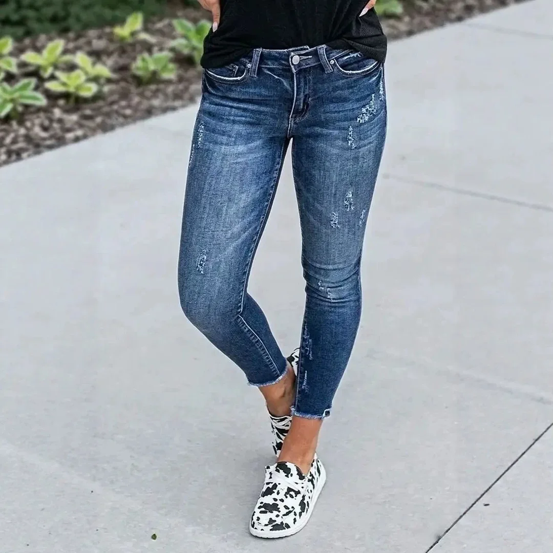 Pencil Jeans Women Denim Pant Distressed High Waist Straight Trousers Vintage Y2k Streetwear Work Casual Raw Edge Slim Fit 2026