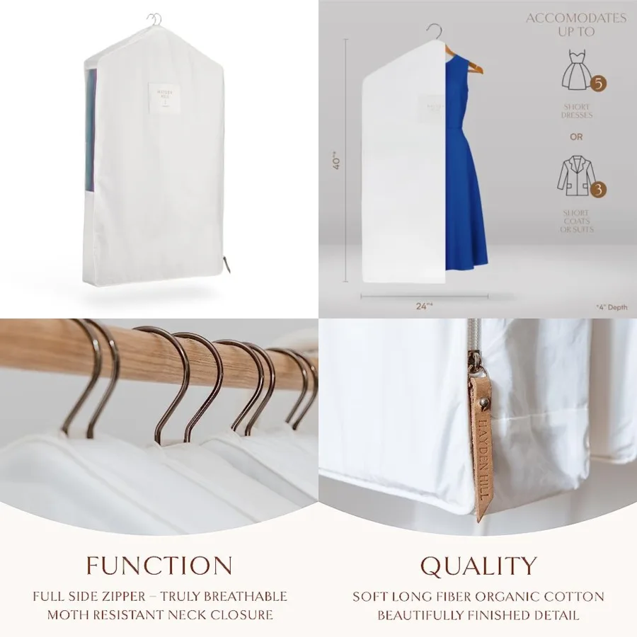 

Luxury Organic Cotton Garment Storage Bag - Short 40 Inch - Breathable Hanging Clothes Bag for Short Dresses, Jackets Suit Bags