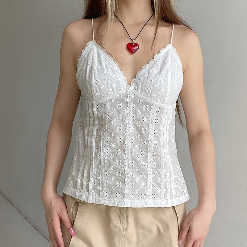 새로운 여성 여름 자수 캐미솔 스파게티 스트랩 v 넥 레이스 트림 아일렛 탱크 탑 streetwear 핫 세일 s m l