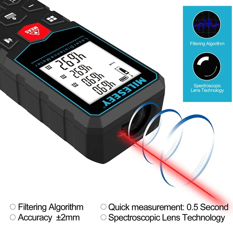 MILESEEY-X5 Fita Medida Laser, Medidor de Distância, Roleta de Alta Precisão, Múltiplas Funções de Medição, Régua Eletrônica, 40m