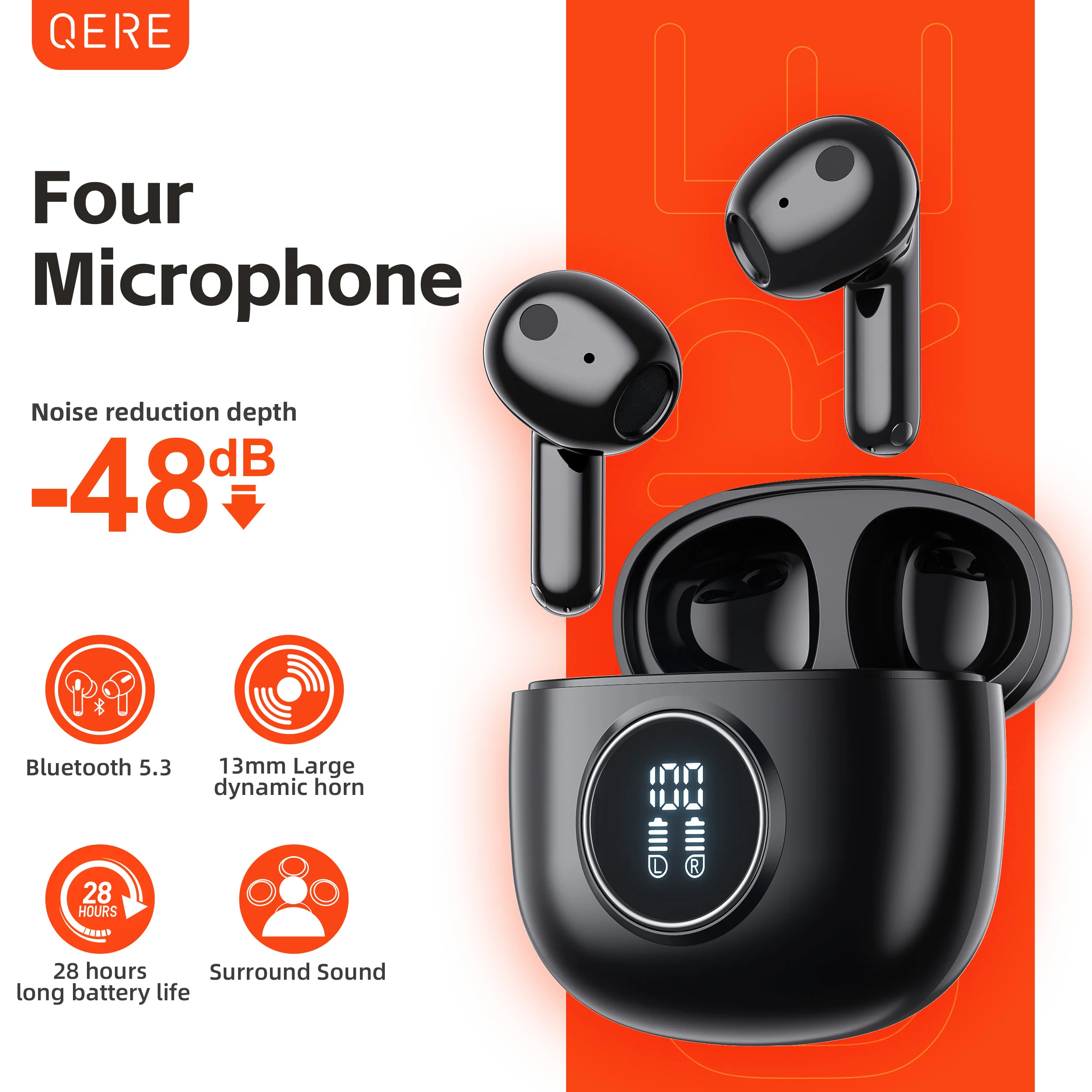 QERE E40 Fones De Ouvido Sem Fio, Fones De Ouvido HiFi, Microfone HD, Driver 13mm, Baixa Latência 60ms, 4 Microfones, ENC Chamad