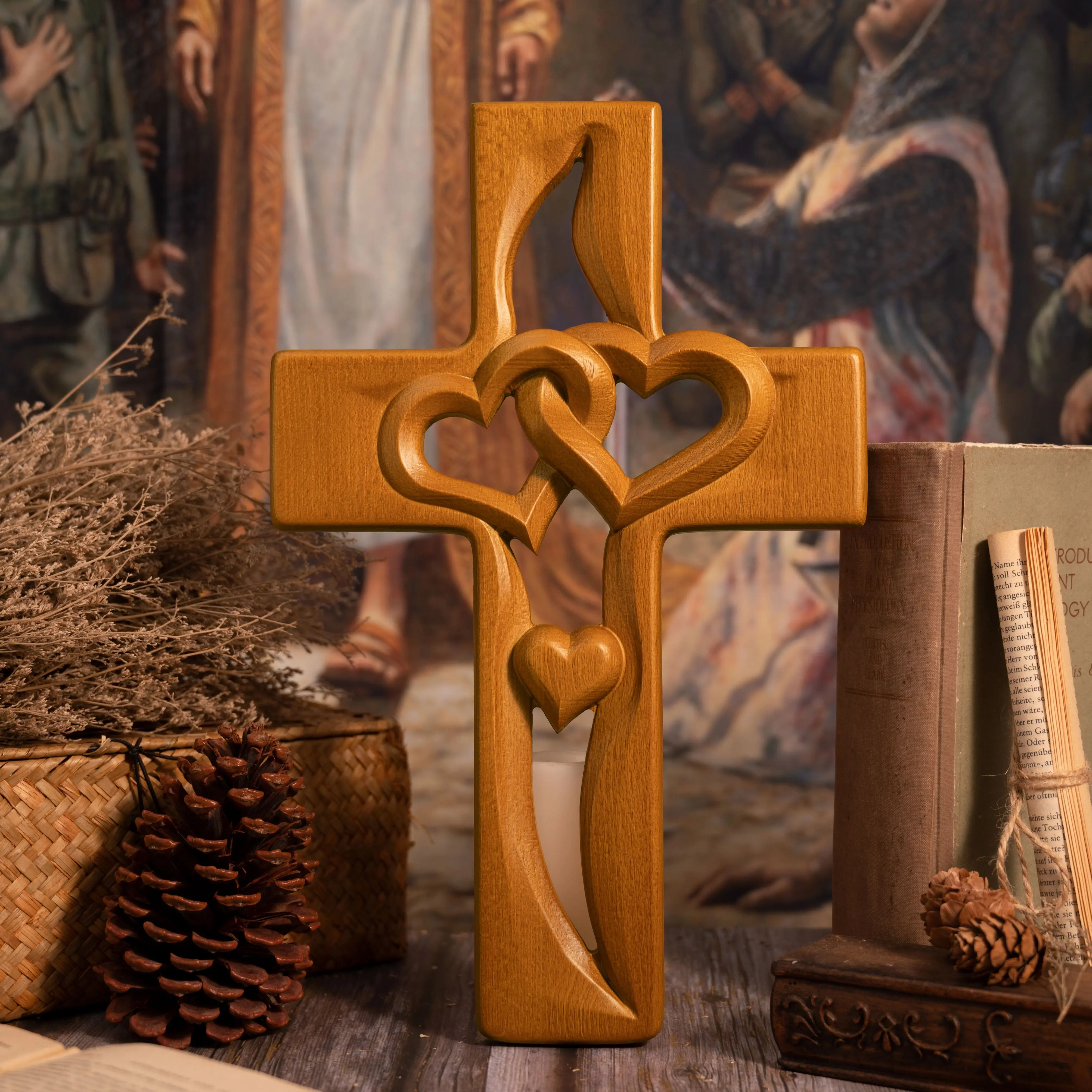 Hand Carved Wood Cross with Interlocking Hearts Religious Wall Plaque Faith & Love Symbol Christian Home Decor Wedding Anniversa