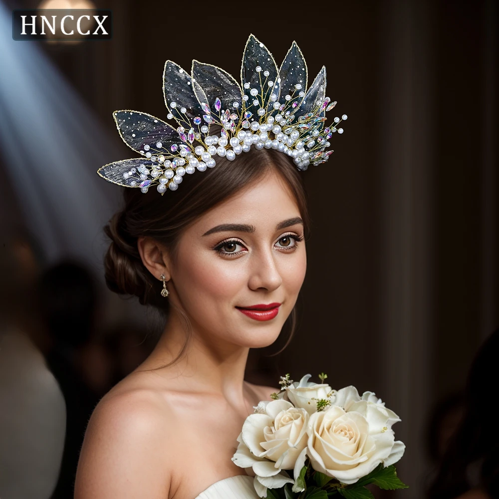 HNCCX Wedding Faux Pearl Hair Hoop Bridal Colorful Rhinestone Headband Bride Headdress Organza Leaf Headwear For Women CP670