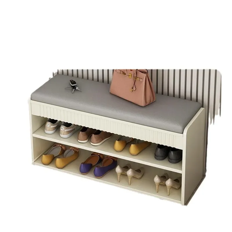 Cream Entryway Shoe Bench with Soft Cushion Integrated Storage Rack for Hallway Living Room Home Organization