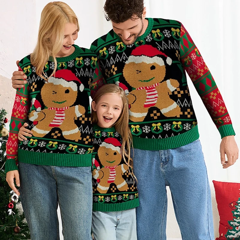 Family Matching Christmas Gingerbread Man Sweaters Green Knit Pullover Women's Long Sleeve Cozy Couple Holiday Party Outfit
