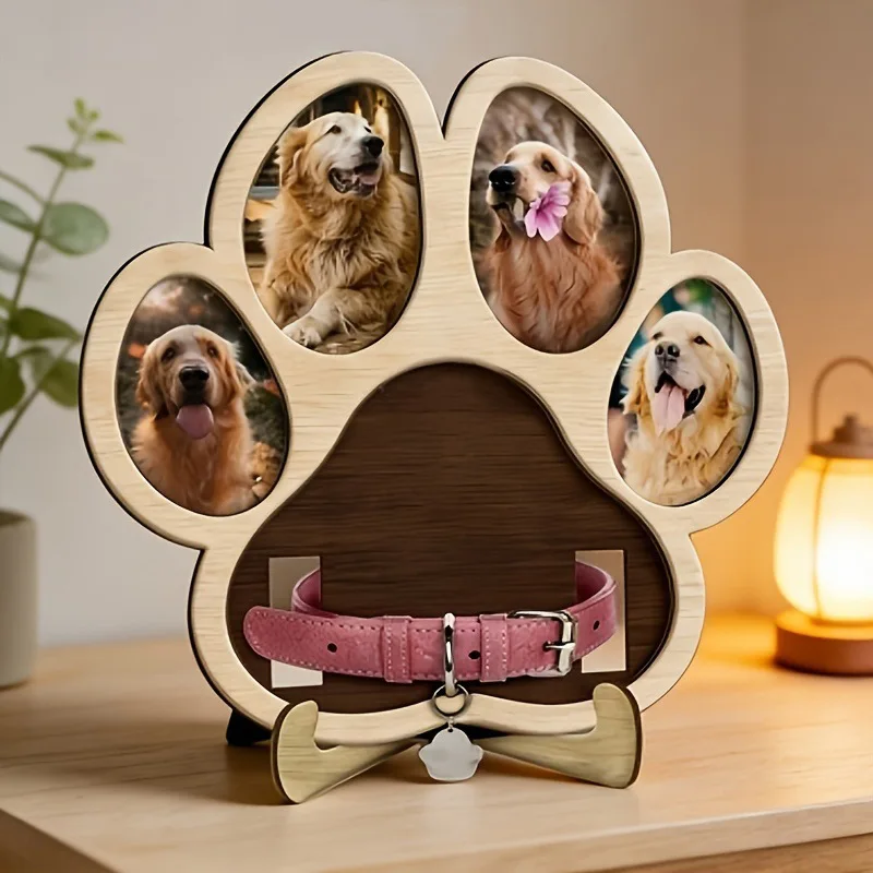 Wooden Pet Paw Shape Photo Frame Collar Holder Multi Picture Display Desktop Home Decor Keepsake Gift For Dog And Cat Lovers