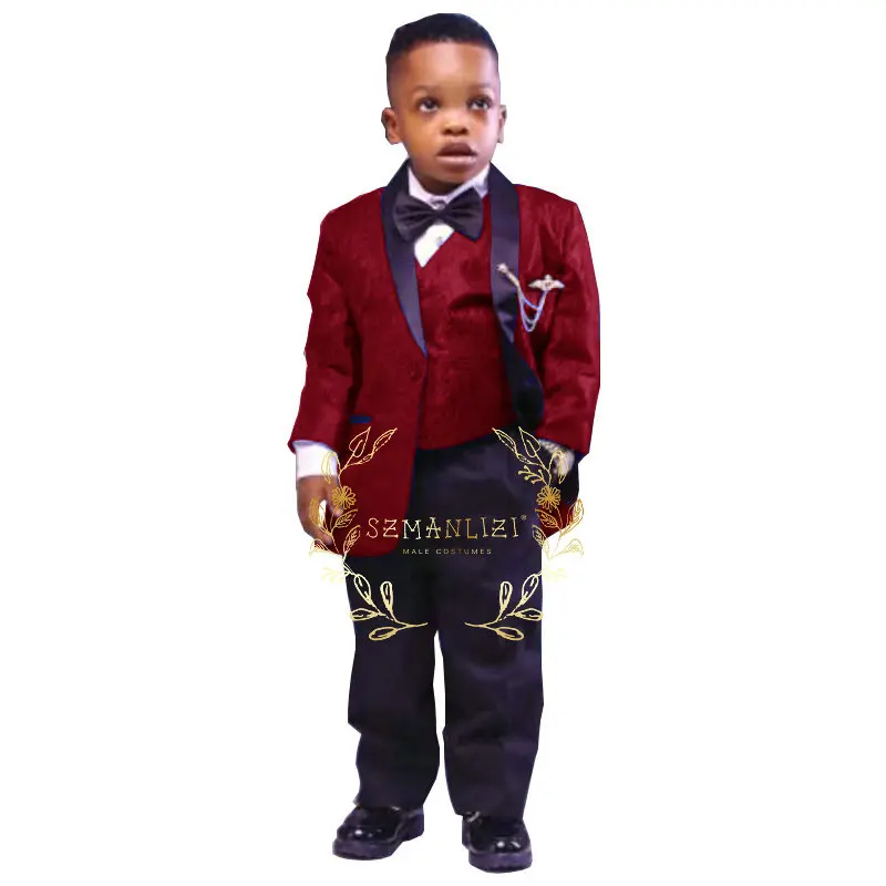 

Burgundy Floral 3 Pieces Suit For Boys Black Shawl Lapel Slim Fit Kids Tuxedos Trim Junior Wedding Child Jacket Vest Pants