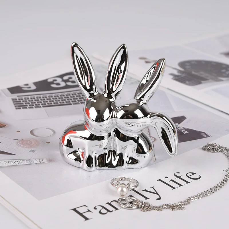 Small Ceramic Cute Rabbit Figurines Desk Ornament Gold Silver Color Bunny Animals Model Furnishings Home Easter Decoration Gift