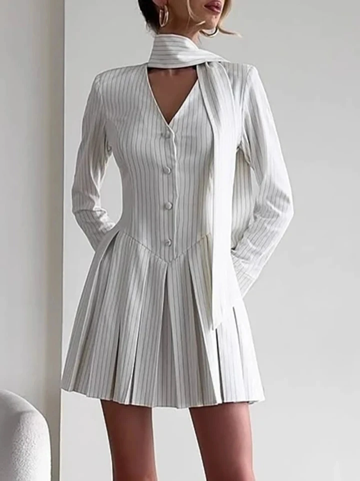

Temperament High Waist Simple Commute Dress Fashion V-neck Stripe Printed Pleat Mini Dress Elegant Long Sleeve Slim A-line Dress