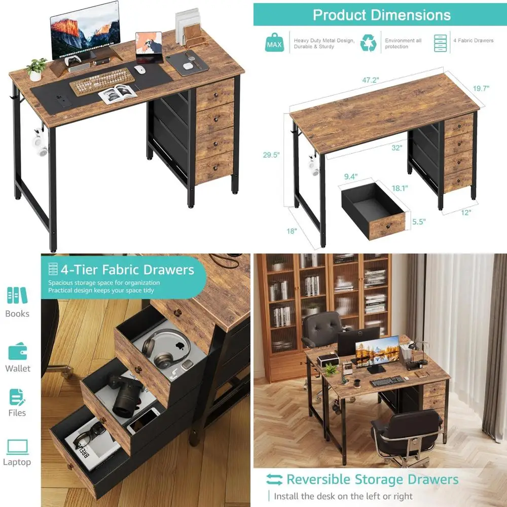 مكتب حديث مقاس 47 بوصة مع 4 أدراج قماشية، وسطح كتابة قابل للعكس، ومكتب دراسة وعمل للمكتب المنزلي أو غرفة النوم